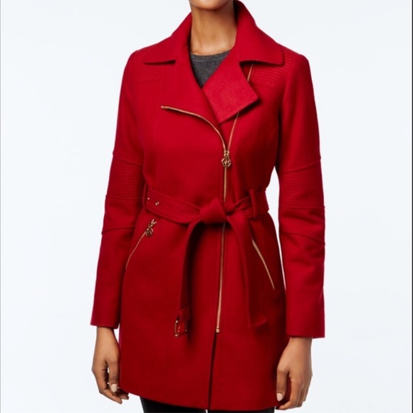 Michael Kors Red Wool Blend Belted Zip Front Coat PM - Picture 15 of 16